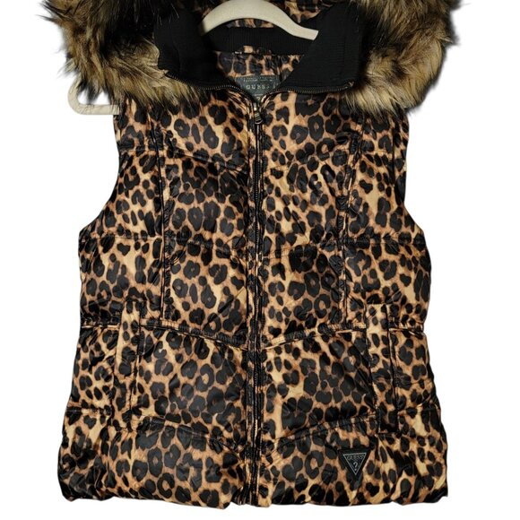 Guess Womens Y2K 2000s Leopard Faux Fur Down Feathers Hooded Puffer Vest Medium - Picture 3 of 12